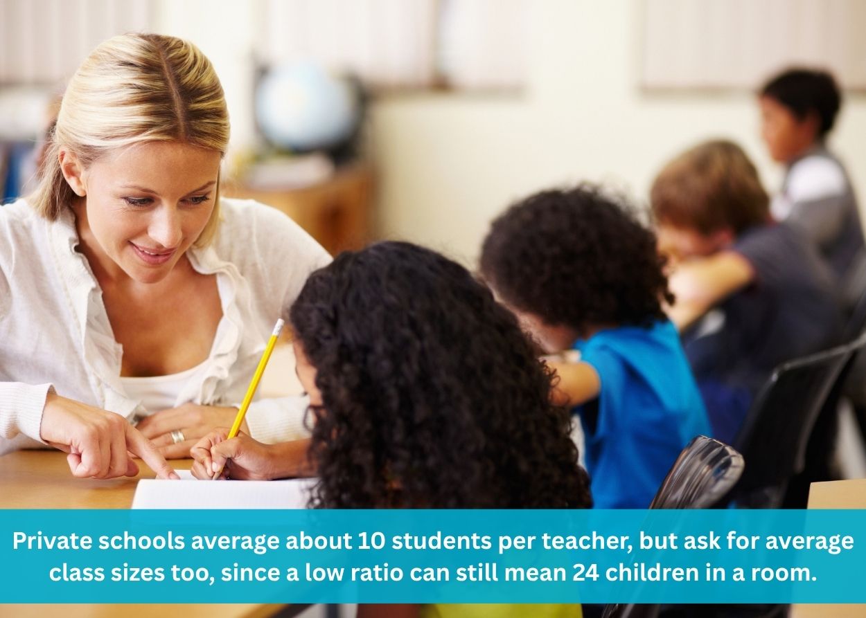 Teacher helping an elementary student with schoolwork in a small independent school classroom